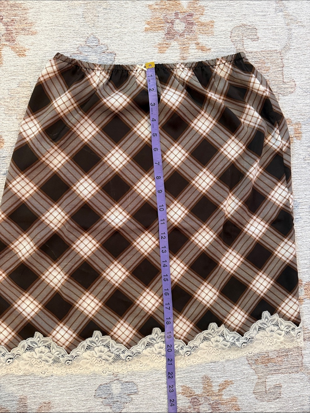 NWT Overstept Brown Plaid Lace Trim Midi Skirt M - Picture 4 of 7
